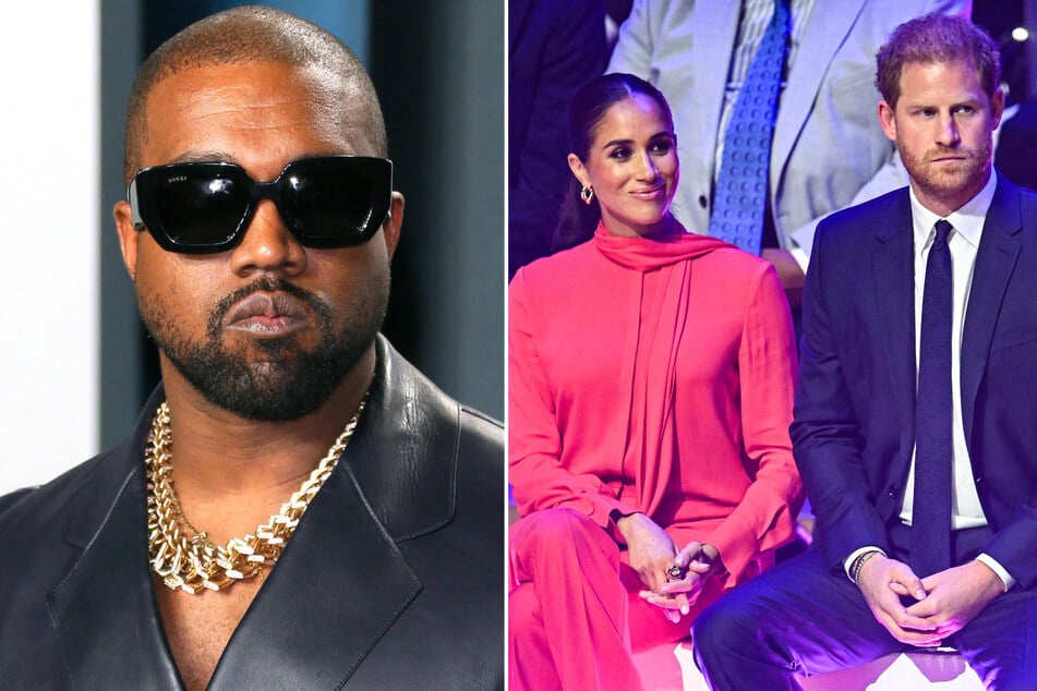 The POLITICO article compares the Harry & Meghan Netflix series to Kanye West's (l) outrageous public behavior.