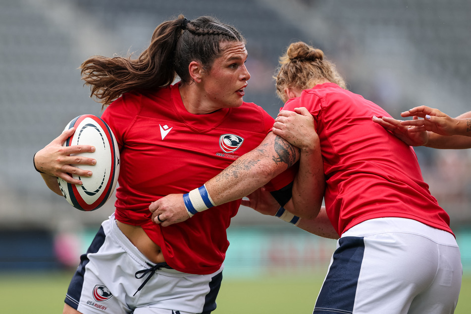 Ilona Maher of the US carries the ball before the match against Fiji at Audi Field on July 19, 2025, in Washington DC.
