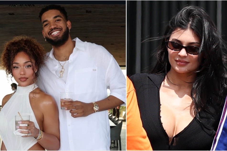 Kylie Jenner (r) was spotted at Jordyn Woods (l) and Karl-Anthony Towns' Malibu ceremony on Sunday.