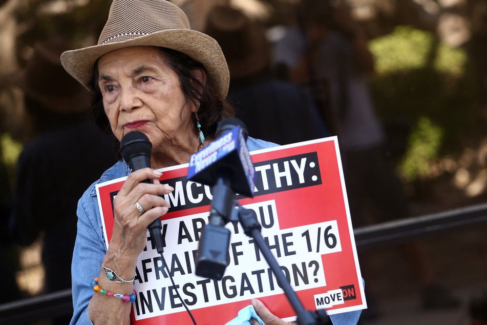 Dolores Huerta speaks during the MoveOn rally at Rep. McCarthy's office on July 27, 2021, in Bakersfield, California. Huerta was a pivotal force in the labor movement for decades and took a stand against the Trump administration.
