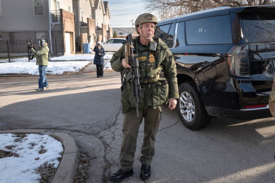 Border Patrol Chief Gregory Bovino patrols with fellow agents in a predominately Hispanic neighborhood on December 16, 2025 in Chicago, Illinois.