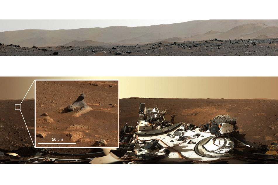 Top: A panorama photo of the rim of Mars' Jezero crater taken from Perseverance's Mastcam-Z. Bottom: This wind-carved rock demonstrates the detail captured by the rover's camera (collage).