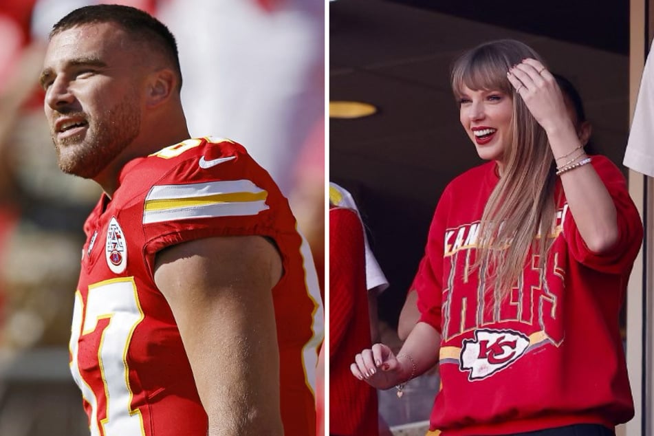 Travis Kelce (l.) gave an update on the status of his relationship with pop sensation Taylor Swift during a press conference on Friday, after a curious reporter couldn't resist asking.