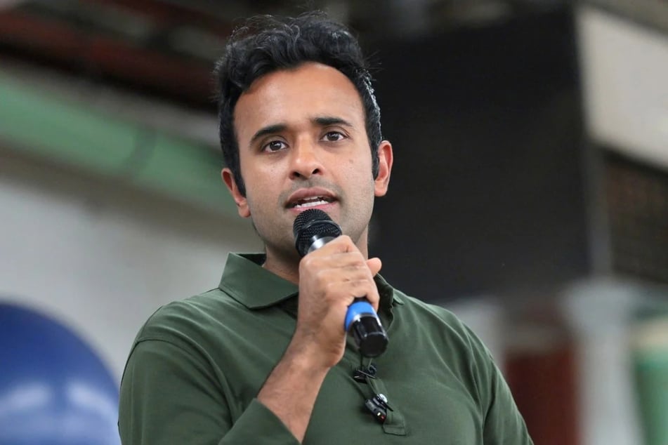 Vivek Ramaswamy speaks during the Darke County Republican Party Hog Roast on October 18 in Greenville, Ohio. Ramaswamy continues to face backlash for his attack ad, as staff are reportedly seeking to leave.