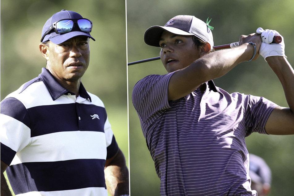 Tiger Woods (l.) watched as his son, Charlie, competed in the first round of the US Junior Amateur at Brook Hollow Golf Club on July 21, 2025, in Dallas, Texas.