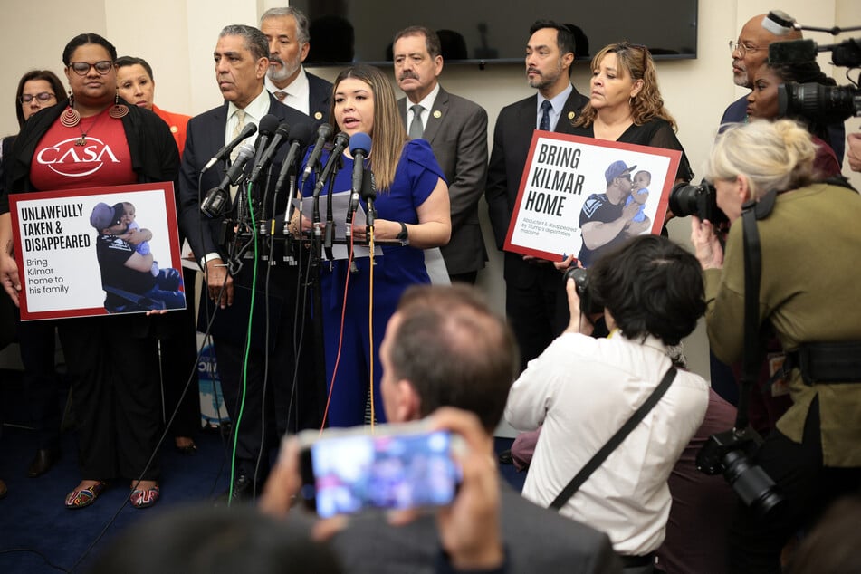 Wife of Kilmar Abrego Garcia, Jennifer Vasquez Sura, speaks during a news conference to discuss his husband’s arrest and deportation during a news conference at Cannon House Office Building on April 9, 2025 in Washington, DC.