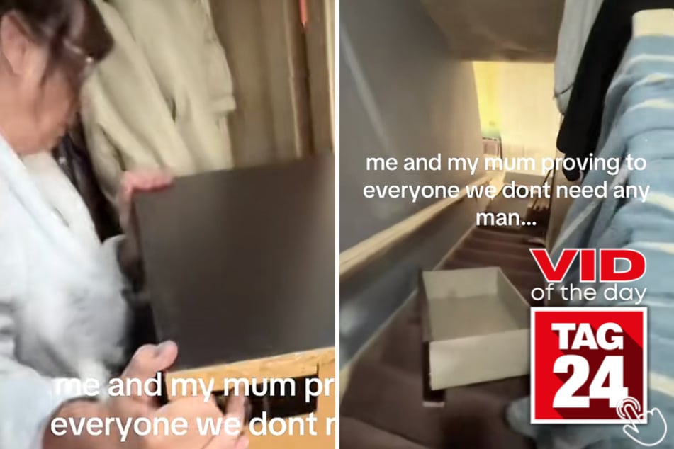 A mom and daughter decided they didn't need any man to help move a massive cabinet – so they dropped it down the stairs instead.