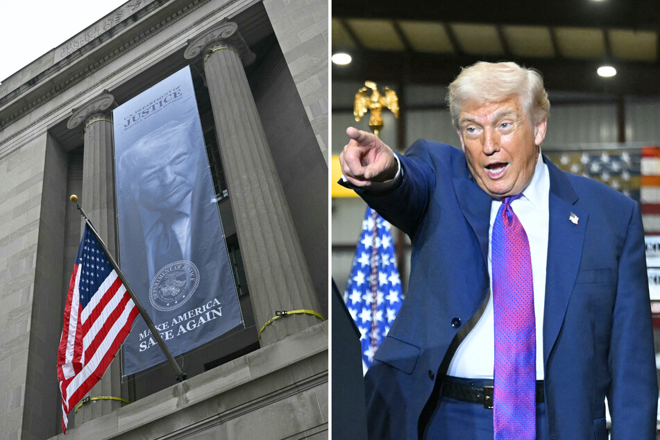 Trump hangs giant ominous banner of his face on Justice Dept building: "Make America Safe Again!"
