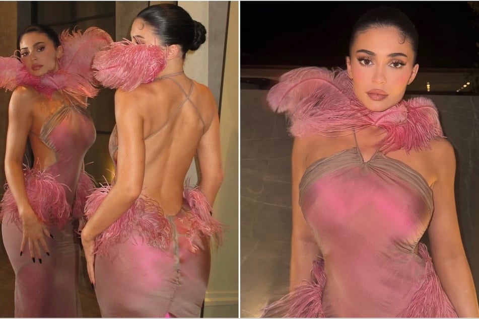 Kylie Jenner goes wild in pink feather gown for glitzy holiday bash