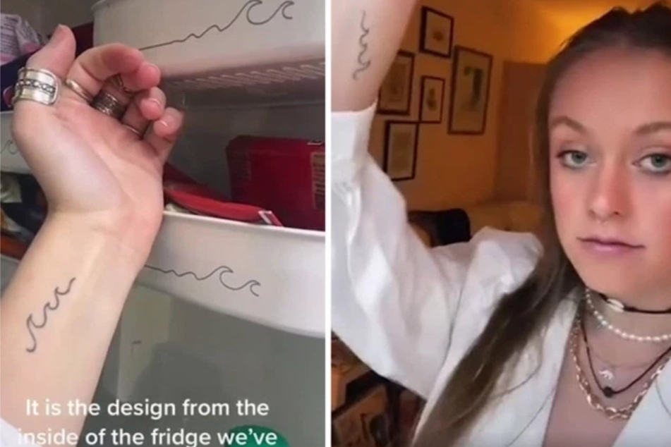 A year later, she noticed her tattoo looked exactly like the design on the inside of her refrigerator (collage).