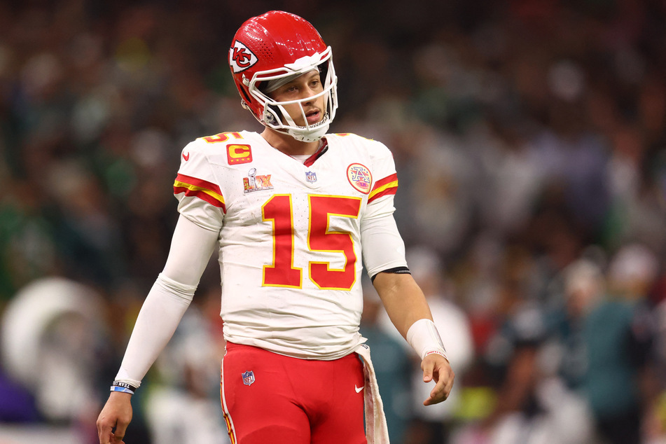 Kansas City Chiefs quarterback Patrick Mahomes reacts in the fourth quarter against the Philadelphia Eagles in Super Bowl LIX at Ceasars Superdome.
