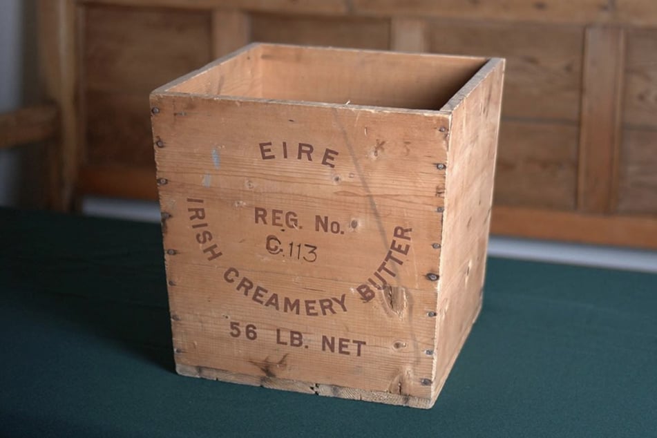 An old butter box sits on display at The Butter Museum in Cork, Ireland.