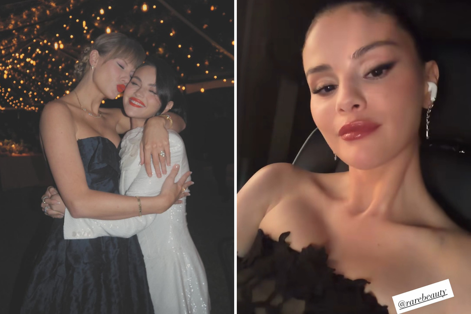 Selena Gomez teased her look for Taylor Swift's (l.) pre-wedding rehearsal dinner.