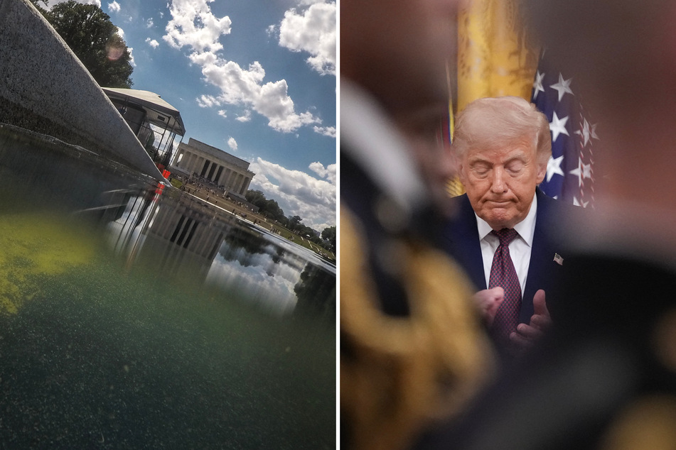 President Donald Trump blamed recent algae blooms and peeling paint problems with his Reflecting Pool renovation on "terrible vandals."
