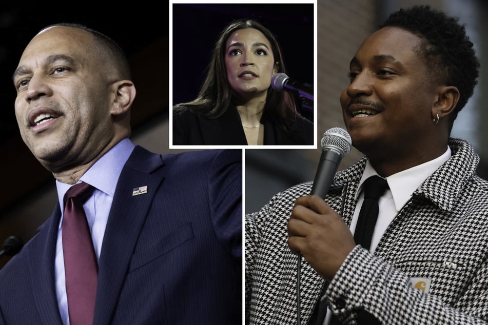 Representative Alexandria Ocasio-Cortez (c.) has said she would not back a primary challenge to Hakeem Jeffries (l.) after New York City Council Member Chi Ossé filed paperwork to run against the House minority leader.