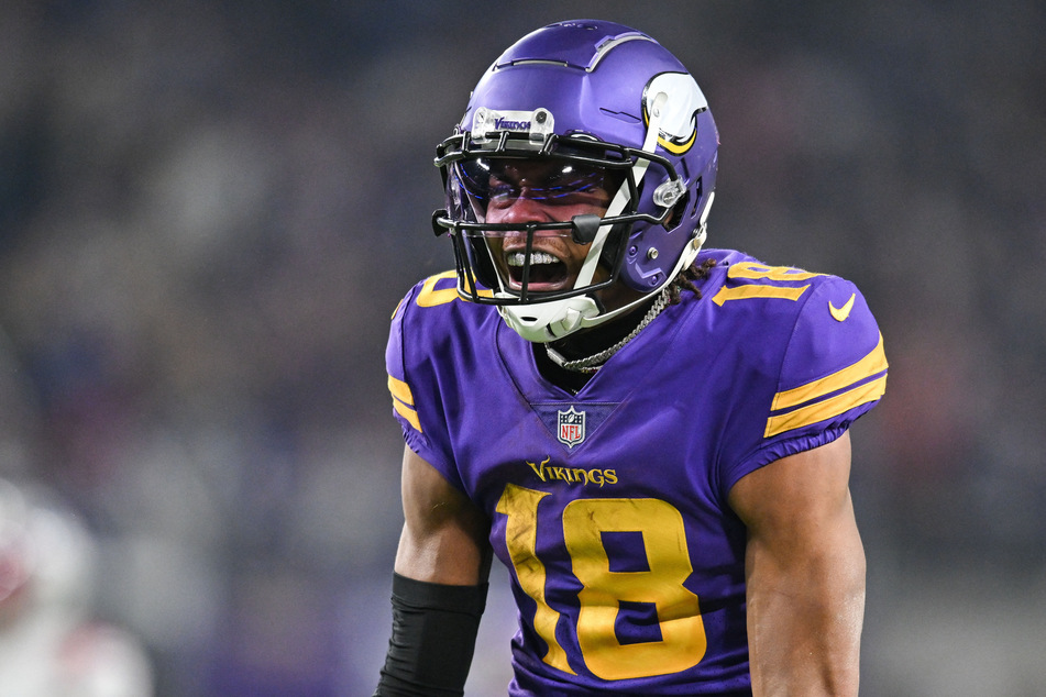 Minnesota Vikings wide receiver Justin Jefferson reacts after a catch against the New England Patriots during the fourth quarter at US Bank Stadium.