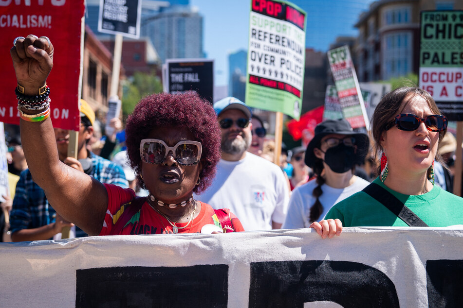 Demonstrators march in a "Workers Over Billionaires" rally in Chicago, Illinois, on September 1, 2025.