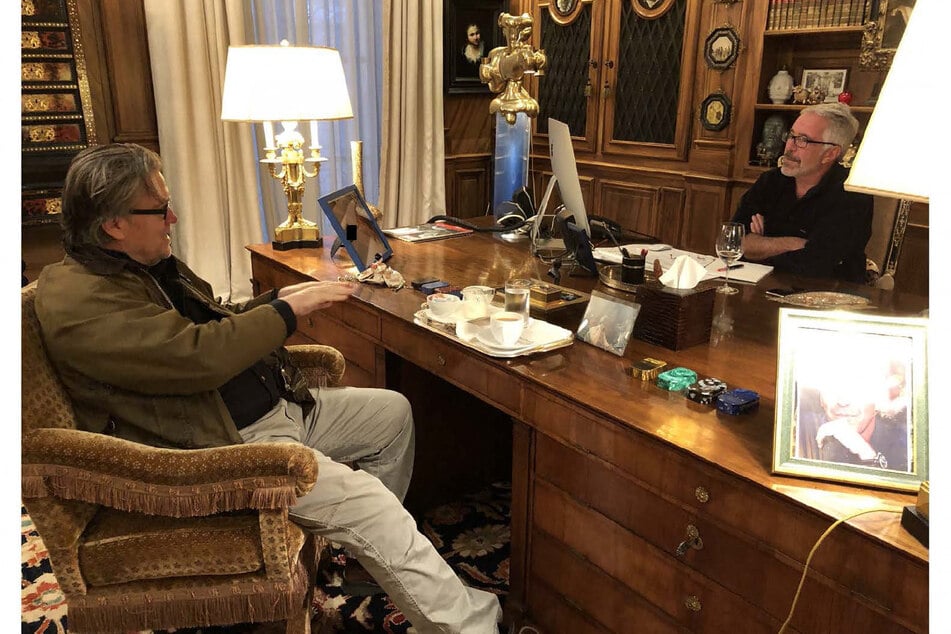 This undated and unlocated handout image released by Democrats on the House Oversight Committee on December 18, 2025, shows Jeffrey Epstein (r.) speaking to political strategist Steve Bannon.