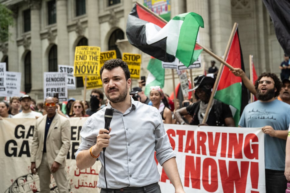 Mahmoud Khalil, former Columbia University graduate student known for his role in the 2024 Columbia University pro-Palestinian protests, speaks at a Pro-Palestinian "March for Humanity" rally against the humanitarian crisis in Gaza on August 16, 2025 in New York City.