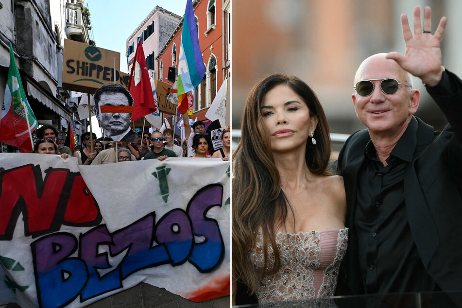 At least 500 protesters marched through Venice on Saturday, condemning Jeff Bezos' (r.) wedding to Lauren Sanchez, a lavish affair that has drawn backlash.