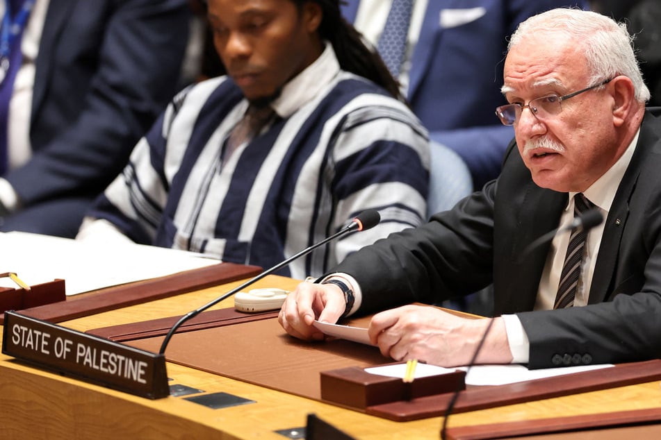 Palestinian Authority Foreign Minister Riyad al-Maliki speaks at the UN Security Council at UN headquarters in New York on January 23, 2024.