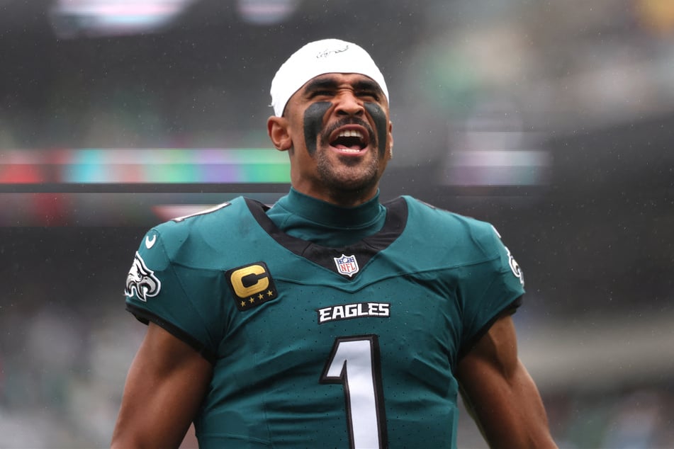 Philadelphia Eagles quarterback Jalen Hurts reacts before a game against the Los Angeles Rams at Lincoln Financial Field on October 4, 2026. He has been sidelined for at least a month due to a blood clot in his calf.