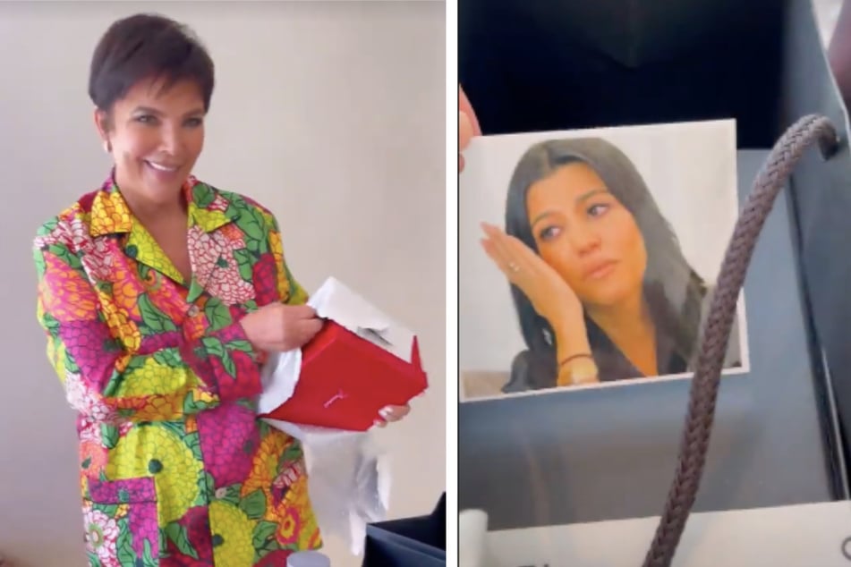 Kim shared photos of Kris Jenner on Sunday (l.) and her joke gift tags to her daughters.