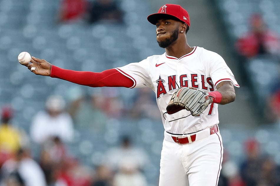 Tim Anderson of the Los Angeles Angels warms up in the first inning against the Detroit Tigers at Angel Stadium of Anaheim on May 2, 2025.