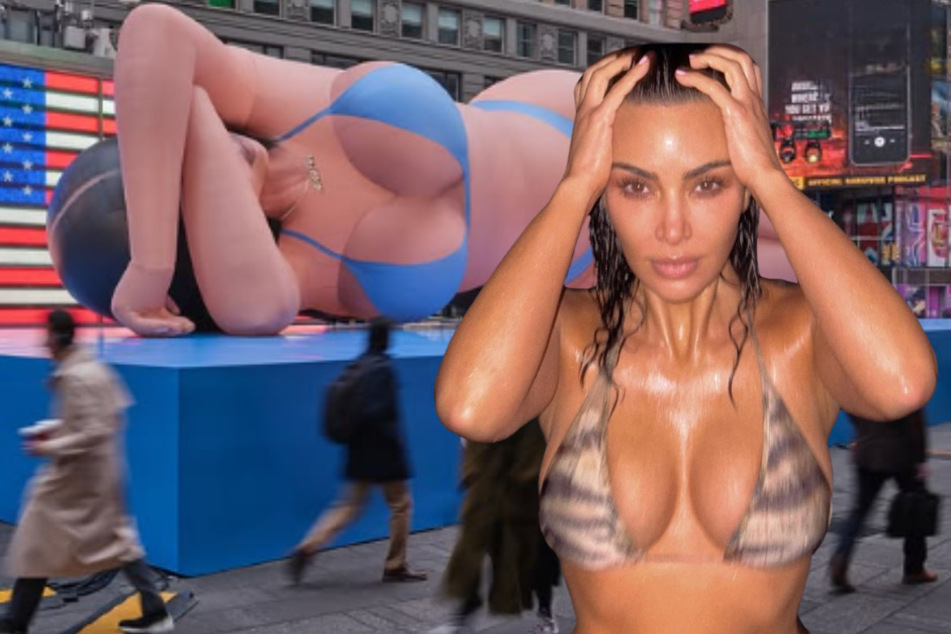 Kim Kardashian launched a brand-new SKIMS Swim campaign with a daring Times Square stunt featuring a larger-than-life replica of the star in a bikini.