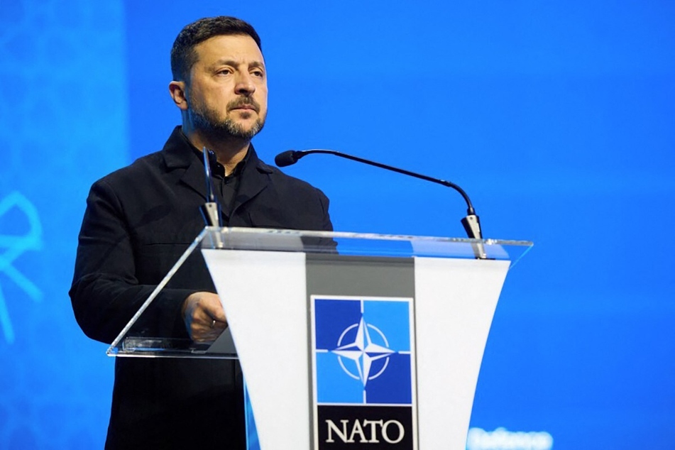Ukraine's President Volodymyr Zelensky delivers a keynote speech at the 36th NATO Heads of State and Government Summit in Ankara on Tuesday.