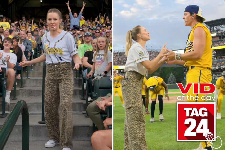 Kristen Bell (l.) and Derek Klena (r.) just turned a Savannah Bananas game into a full-blown musical!