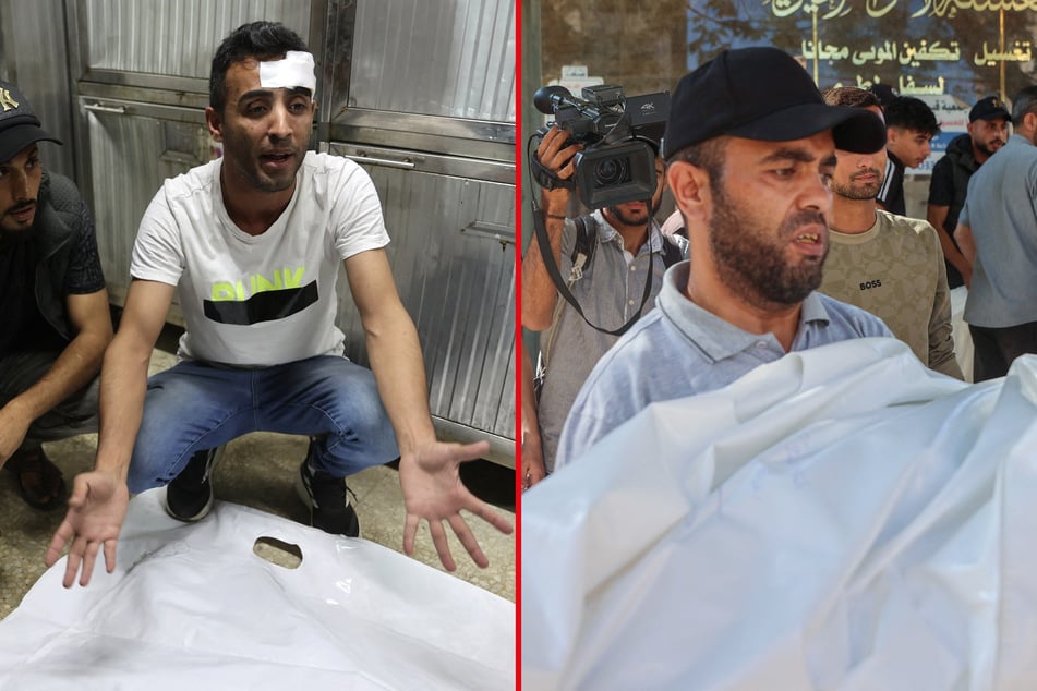 Relatives carry the body, and mourn the death, of six-year-old Zein al-Safadi at Al-Shifa Hospital on Saturday after Israel launched an airstrike against her family's apartment.