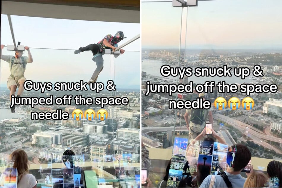 Two men climb over the Seattle Space Needle's glass windows and leap off with parachutes.