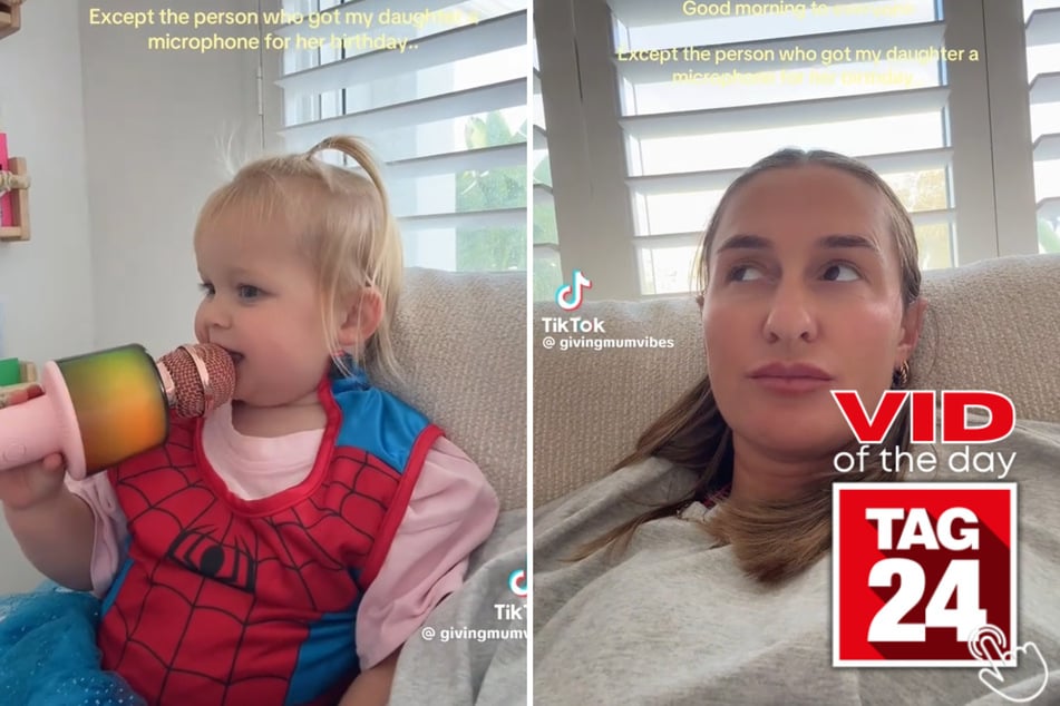 This toddler is loving her new microphone – unlike her mom!