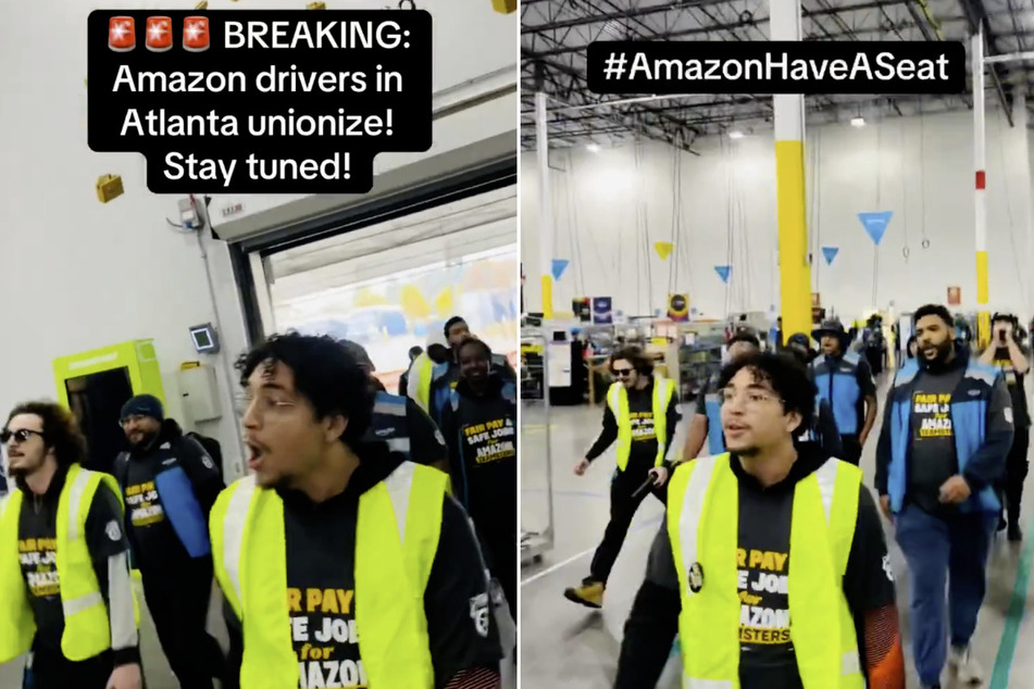Amazon drivers at the DGT8 facility in Atlanta coordinate a "March on the Boss" to announce they have joined the Teamsters union.