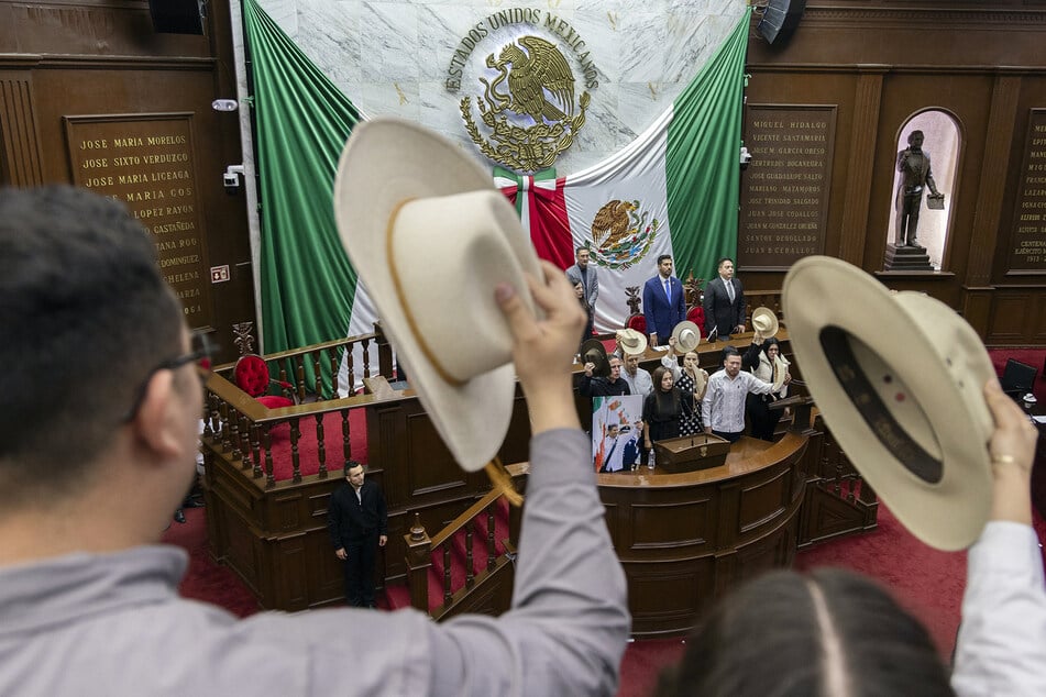 The widow of the late Uruapan Mayor Carlos Manzo, Grecia Quiroz, delivers a speech after his death in November last year.