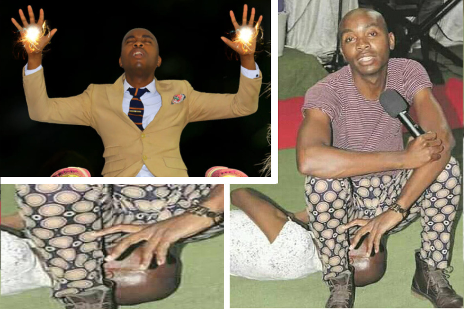 Pastor Penelope Christ posts photos on his social media with the text "#SPECTACLE" (top l.) while photos of him sitting and farting on parishioners went viral (collage).