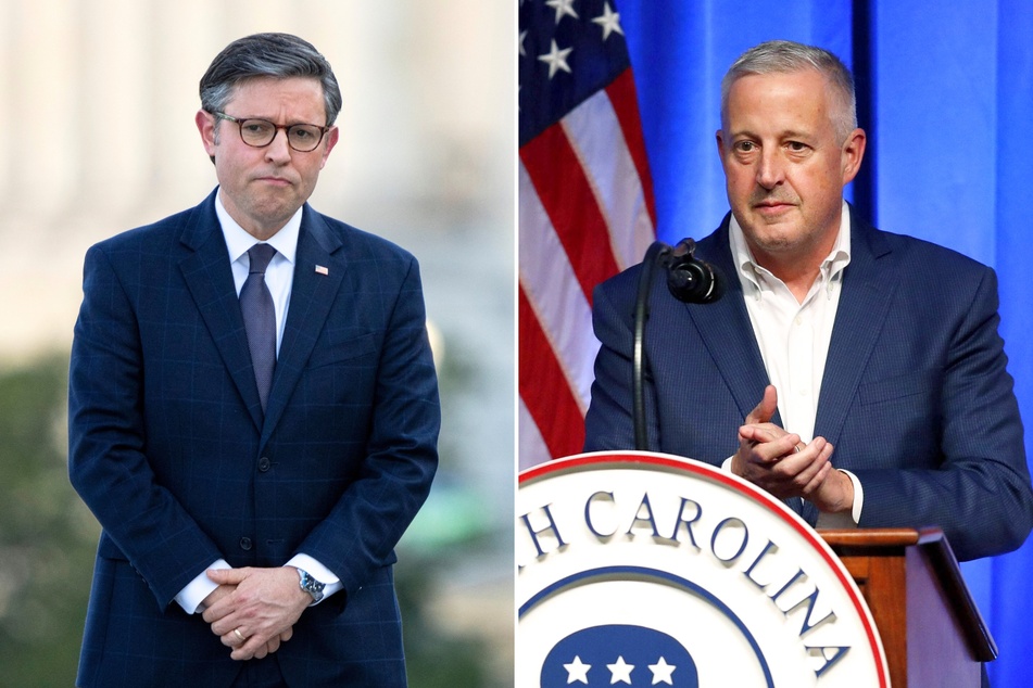 Republican National Committee chair Michael Whatley (r.) is calling for party unity as House Republicans move to vote on ousting their speaker Mike Johnson (l.) this week.