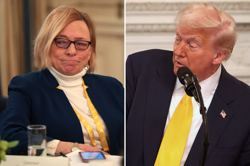 President Donald Trump (r.) had a heated exchange with Maine Governor Janet Mills on Friday over his order barring transgender athletes from women's sports.