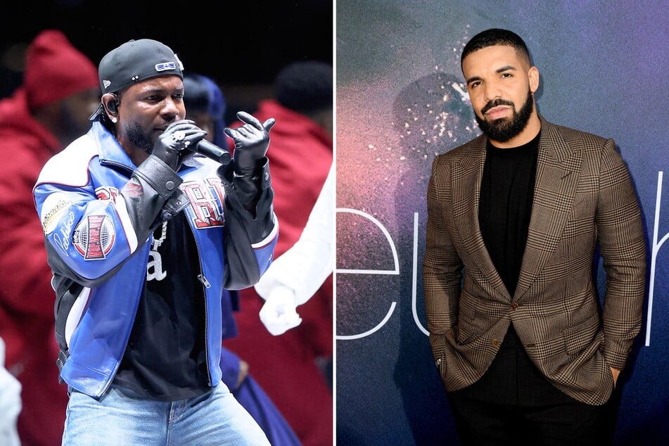 In a recently amended lawsuit, rapper Drake (r.) claimed Kendrick Lamar's (l.) performance of Not Like Us at the 2025 Super Bowl further harmed his reputation.