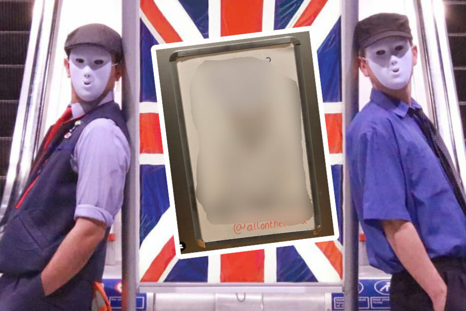 Two masked men write sweet messages on the London Underground service boards