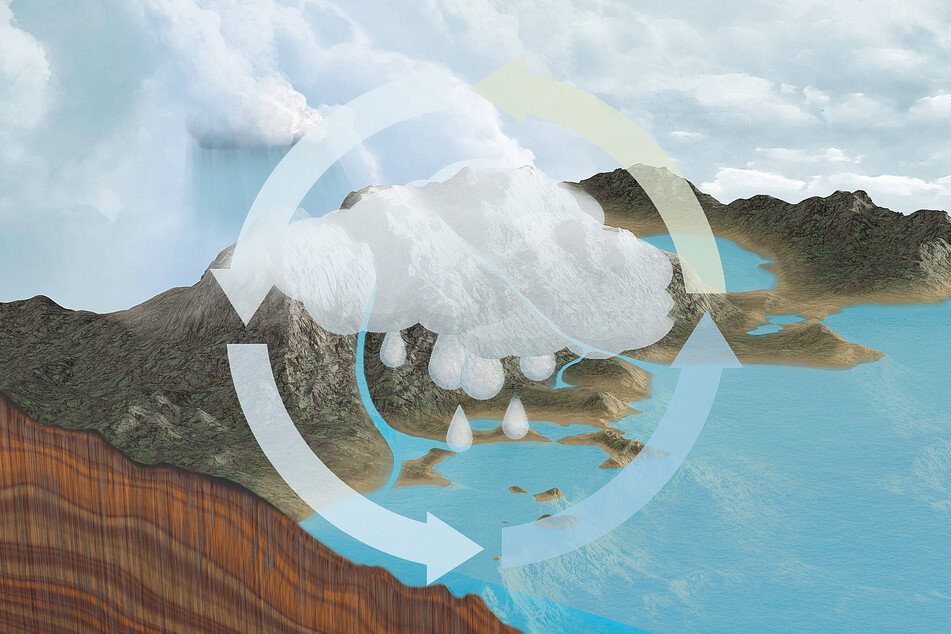Water cycles from the ocean to the sky, then back down again to the big ol' blue.