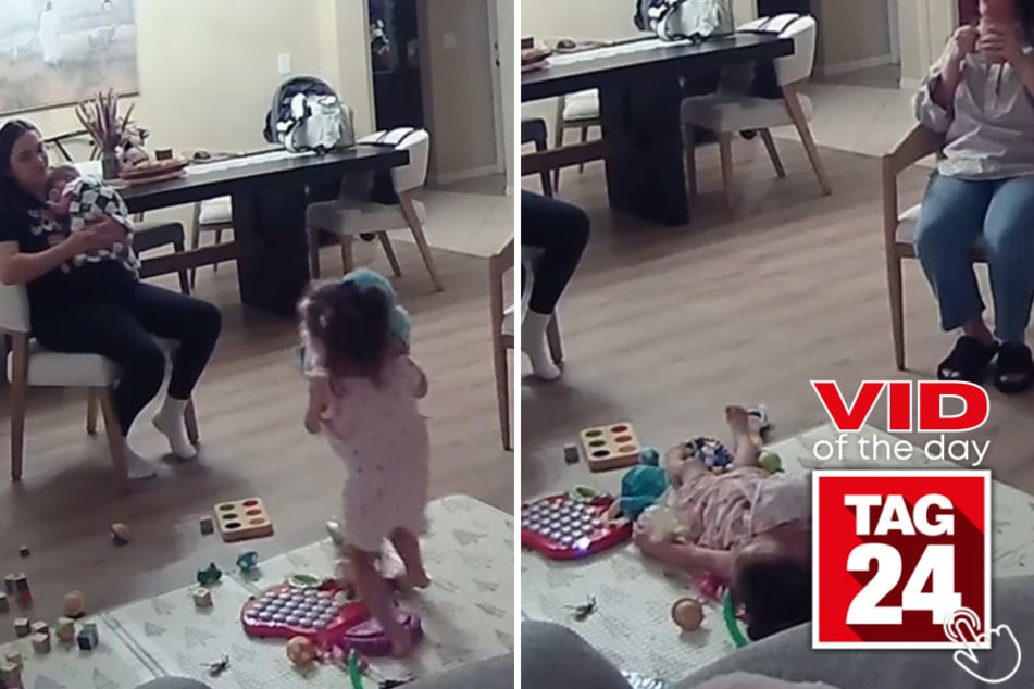 This little girl had a hilarious tumble while trying to hold her entire toy collection at the same time.