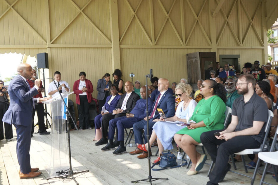 Jean-Pierre Brutus, a senior counsel at the New Jersey Institute for Social Justice, addresses the audience at the launch of the first-of-its-kind New Jersey Reparations Council in Perth Amboy on Juneteenth 2023.