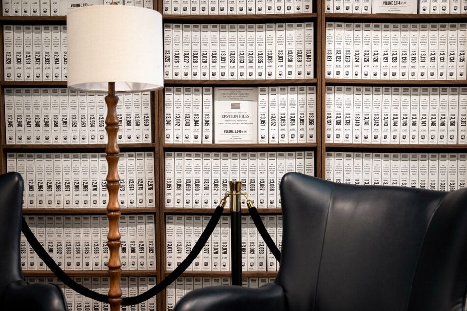 Some of the 3,437 bound volumes of the Epstein files on display during the pop-up exhibit Donald J. Trump and Jeffrey Epstein Memorial Reading Room on June 8, 2026.