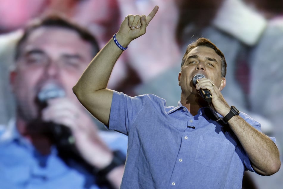 Right-wing presidential candidate Flavio Bolsonaro speaks during Brazil's Liberal Party convention in Brasilia on August 2, 2026.