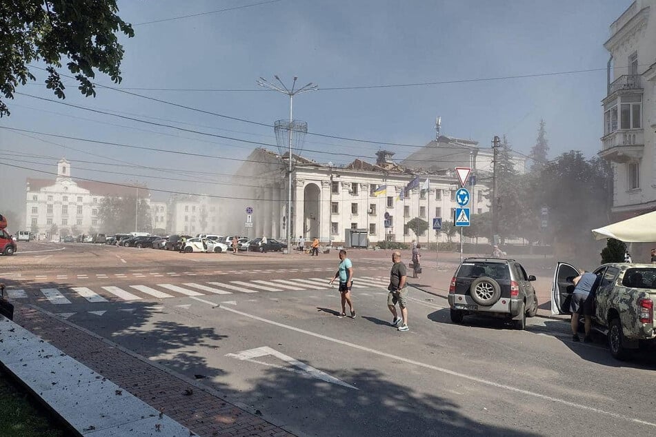 Chernihiv's main square was hit, with buildings and cars damaged or completely destroyed.