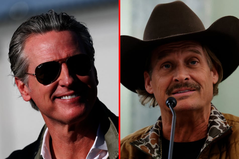 California Governor Gavin Newsom (l.) joked about "banning" Kid Rock (r.) from his state after the MAGA star's bizarre shirtless workout video with Robert F. Kennedy Jr.