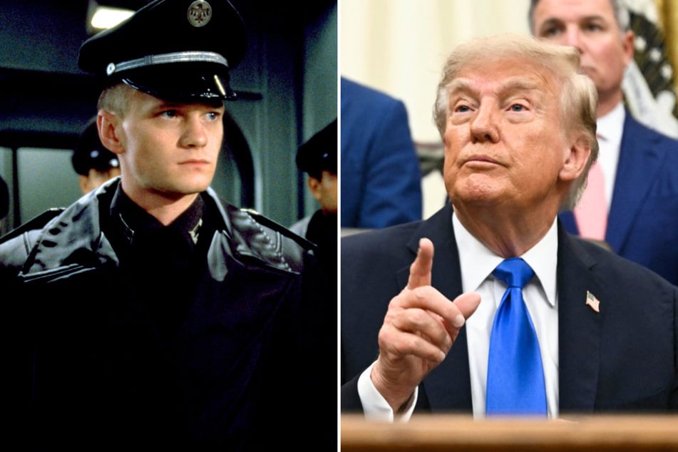 President Donald Trump (r) is facing criticism after unveiling mockups for a new Space Force uniform inspired by the film Starship Troopers. 
