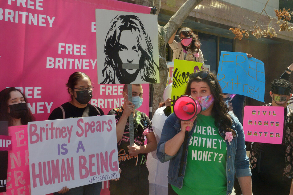 Protesters gathered outside the conservatorship court hearing at Los Angeles Superior Court on Wednesday.